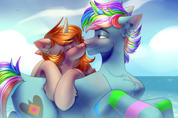 Size: 4140x2742 | Tagged: safe, artist:kiskka, imported from derpibooru, oc, oc only, oc:azure star (fauli1221), oc:funny jo, alicorn, pony, unicorn, alicorn oc, closed mouth, cloud, commission, duo, eyes closed, eyes open, female oc, horn, kissing, male oc, multicolored mane, multicolored tail, stripes, tail, unicorn oc, wings, your character here