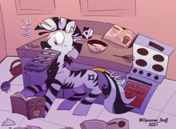 Size: 1675x1236 | Tagged: safe, artist:opossum-stuff, imported from derpibooru, oc, oc only, oc:haefen, zebra, baking, basket, book, bowl, commission, cookbook, male, reading, solo, stove, tail, tail wrap, whisk, zebra oc