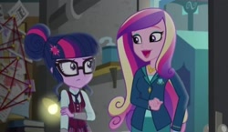 Size: 2137x1236 | Tagged: safe, imported from derpibooru, screencap, sci-twi, twilight sparkle, human, equestria girls, friendship games, clothes, crystal prep academy, crystal prep academy uniform, dean cadance, duo, female, glasses, necktie, school, school uniform, schoolgirl, uniform