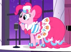 Size: 2144x1555 | Tagged: safe, imported from derpibooru, screencap, pinkie pie, earth pony, pony, the best night ever, canterlot, canterlot castle, clothes, dress, female, gala dress, grand galloping gala, microphone, musical instrument, piano, stage