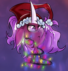 Size: 1618x1694 | Tagged: safe, artist:ybkathan, imported from derpibooru, oc, oc only, oc:dewulf, pony, unicorn, christmas, christmas lights, hat, holiday, horn, santa hat, solo, unicorn oc