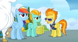 Size: 2160x1160 | Tagged: safe, imported from derpibooru, screencap, bulk biceps, lightning dust, rainbow dash, spitfire, pegasus, pony, wonderbolts academy, clothes, drill sergeant, female, male, necktie, suit, sunglasses, uniform, upscaled, wonderbolts dress uniform