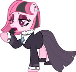 Size: 1323x1242 | Tagged: safe, artist:tanahgrogot, imported from derpibooru, oc, oc only, oc:annisa trihapsari, earth pony, pony, clothes, dress, ear piercing, earth pony oc, eyeshadow, goth, lidded eyes, makeup, open mouth, piercing, pointing, raised hoof, simple background, solo, transparent background