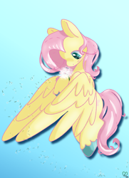 Size: 1000x1385 | Tagged: safe, artist:pagophasia, derpibooru exclusive, imported from derpibooru, fluttershy, pegasus, pony, blue background, colored hooves, cutie mark eyes, dandelion, drop shadow, eye reflection, female, flower, flying, gradient background, hoof hold, hooves together, impossibly long eyelashes, looking at something, looking down, mare, plant, reflection, simple background, solo, spread wings, unshorn fetlocks, wingding eyes, wings