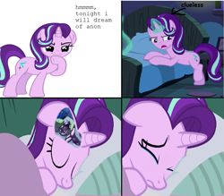 Size: 1603x1406 | Tagged: safe, artist:duop-qoub, edit, imported from derpibooru, princess luna, starlight glimmer, oc, oc:anon, human, pony, unicorn, crying, female, human and pony, human on pony snuggling, mare, meme, sad, sleeping, snuggling