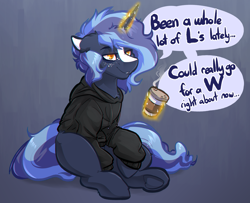 Size: 3296x2680 | Tagged: safe, artist:witchtaunter, imported from derpibooru, oc, oc only, oc:witching hour, pony, unicorn, chest fluff, clothes, coffee, coffee cup, cup, ear fluff, floppy ears, gradient background, hoodie, horn, magic, male, sad, sitting, slouching, solo, speech bubble, stallion, telekinesis, tired, unicorn oc, vent art