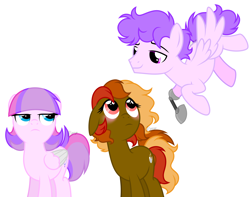 Size: 4200x3304 | Tagged: safe, artist:feather_bloom, imported from derpibooru, oc, oc only, oc:cocoa butter, oc:lueur rose, oc:neon swirl, earth pony, pegasus, pony, amputee, blushing, brother and sister, earth pony oc, female, flying, male, pegasus oc, prosthetic limb, prosthetics, siblings, simple background, twins, white background