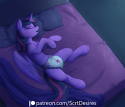 Size: 2000x1715 | Tagged: safe, artist:secret_desires, imported from derpibooru, twilight sparkle, alicorn, pony, bed, cutie mark diapers, diaper, diaper fetish, female, fetish, mare, non-baby in diaper, sleeping, solo, twilight sparkle (alicorn)