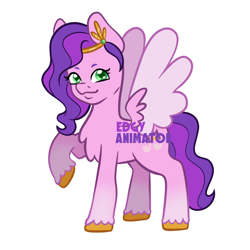 Size: 2000x2000 | Tagged: safe, artist:edgyanimator, imported from derpibooru, pipp petals, pegasus, pony, adorapipp, chest fluff, coat markings, colored wings, crown, cute, female, firealpaca, fluffy wings, g5, green eyes, jewelry, looking at you, mare, markings, pink coat, purple hair, raised hoof, regalia, royalty, simple, simple background, smiling, socks (coat markings), solo, spread wings, tail, unshorn fetlocks, white background, wings