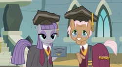 Size: 2160x1196 | Tagged: safe, imported from derpibooru, screencap, maud pie, rusty tenure, earth pony, pony, rock solid friendship, certificate, clothes, female, graduation, graduation cap, hat, male, necktie, robe, rocktorate, stage