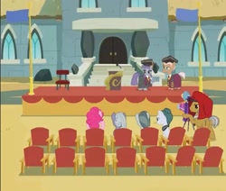 Size: 1868x1584 | Tagged: safe, imported from derpibooru, screencap, cloudy quartz, igneous rock pie, limestone pie, marble pie, maud pie, pinkie pie, rusty tenure, earth pony, pony, rock solid friendship, camera, chair, clothes, female, flag, flag pole, graduation, graduation cap, hat, male, mare, necktie, pie family, robe, rocktorate, seat, stage, stallion