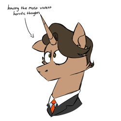 Size: 900x900 | Tagged: safe, artist:fuckomcfuck, imported from derpibooru, oc, oc only, oc:paper work, pony, unicorn, clothes, horn, necktie, patrick bateman, ponified, simple background, solo, suit, unicorn oc, white background