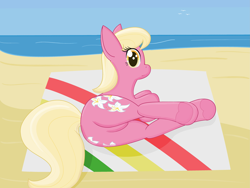 Size: 4423x3319 | Tagged: safe, artist:modera, imported from derpibooru, lily, lily valley, earth pony, pony, beach, beach blanket, butt, featureless crotch, female, lilybutt, mare, plot, solo, underhoof