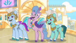 Size: 640x360 | Tagged: safe, imported from derpibooru, screencap, queen haven, pegasus, pony, spoiler:g5, spoiler:my little pony: tell your tale, spoiler:tyts01e07, animated, clip trot, cute, dancing, female, g5, gif, guardsmare, hoof tapping, hoofy-kicks, male, mare, my little pony: tell your tale, open mouth, pegasus royal guard, rearing, royal guard, stallion, thunder flap, trio, zoom zephyrwing