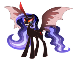 Size: 3791x3181 | Tagged: safe, artist:aleximusprime, imported from derpibooru, cozy glow, oc, oc:the sorceress, alicorn, pony, fanfic:oh mother where art thou, flurry heart's story, alicorn oc, bat wings, crying, evil, evil grin, fangs, flowing mane, grin, half note (cozy glow), horn, nightmare, nightmare cozy glow, nightmarified, no armor, oc villain, orange eyes, red horn, red sclera, simple background, slit pupils, smiling, tears of pain, transparent background, wings