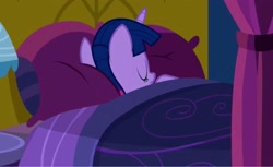Size: 2160x1321 | Tagged: safe, imported from derpibooru, screencap, twilight sparkle, alicorn, pony, do princesses dream of magic sheep, bed, bedroom, curtains, lamp, pillow, quilt, sleeping, table, twilight sparkle (alicorn), twilight's castle