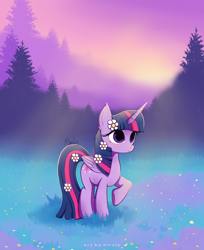 Size: 1280x1572 | Tagged: safe, artist:nnaly, imported from derpibooru, twilight sparkle, alicorn, pony, cute, female, flower, flower in hair, mare, meadow, raised hoof, solo, tree, twiabetes, twilight sparkle (alicorn)
