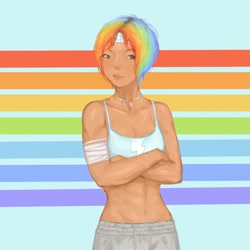 Size: 1280x1280 | Tagged: safe, artist:moni0ka, imported from derpibooru, rainbow dash, human, abs, alternate hairstyle, bandage, belly button, clothes, crossed arms, female, headband, humanized, jewelry, midriff, necklace, pants, rainbow, short shirt, solo, sweatpants