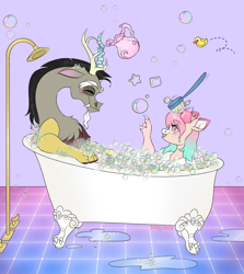 Size: 2500x2800 | Tagged: safe, artist:dozyarts, imported from derpibooru, discord, oc, oc:dozy, draconequus, bath, bathing, bathtub, blushing, brush, bubble bath, canon x oc, claw foot bathtub, draconequus oc, duo, duo male and female, eye clipping through hair, eyebrows, eyebrows visible through hair, eyes closed, female, heart, heart eyes, high res, magic, male, open mouth, open smile, rubber duck, shipping, smiling, straight, teapot, telekinesis, wingding eyes