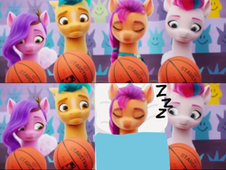 Size: 1024x768 | Tagged: safe, edit, edited screencap, imported from derpibooru, screencap, hitch trailblazer, pipp petals, sunny starscout, zipp storm, earth pony, pegasus, pony, spoiler:g5, spoiler:my little pony: a new generation, basketball, bed, confused, eyes closed, faic, fit right in (g5), g5, group, jewelry, male, my little pony: a new generation, onomatopoeia, random, sleeping, sound effects, sports, stallion, tiara, tired, zzz