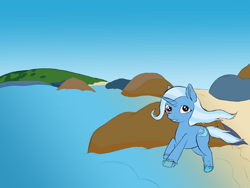 Size: 2048x1536 | Tagged: safe, artist:the crystal artist, derpibooru exclusive, imported from derpibooru, trixie, pony, unicorn, beach, cute, diatrixes, grin, happy, island, ocean, rock, running, sand, smiling, solo, splashing, water