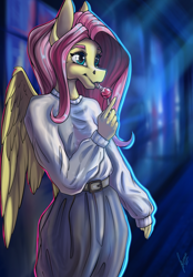 Size: 1640x2360 | Tagged: safe, artist:stirren, imported from derpibooru, fluttershy, anthro, candy, clothes, draw this in your style, drool, drool string, female, food, lollipop, looking away, salivating, solo, standing, tongue out