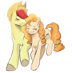 Size: 1615x1644 | Tagged: safe, artist:mayugraffiti, imported from derpibooru, bright mac, pear butter, earth pony, pony, blushing, brightbutter, duo, eyes closed, female, male, mare, shipping, simple background, stallion, straight, white background