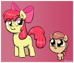 Size: 1874x1584 | Tagged: safe, artist:heretichesh, imported from derpibooru, apple bloom, oc, earth pony, pony, big head, cute, duo, earth pony oc, female, filfil, filfilfil, filly, foal, gradient background, impossibly large head, nervous sweat, ocbetes, smol, sweat