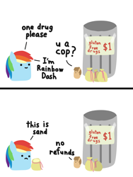 Size: 1500x2000 | Tagged: safe, artist:2merr, rainbow dash, oc, oc:twosday, 2 panel comic, :), :c, bag, blob ponies, comic, dialogue, dot eyes, drawthread, drugs, duo, female, frown, sand, simple background, smiley face, smiling, trash can, white background