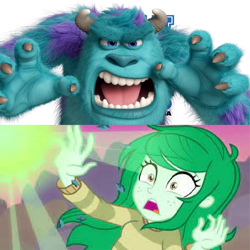 Size: 648x647 | Tagged: safe, edit, edited screencap, imported from derpibooru, screencap, wallflower blush, human, equestria girls, equestria girls series, forgotten friendship, james p. sullivan, monster, monsters inc., monsters university, roar, scared