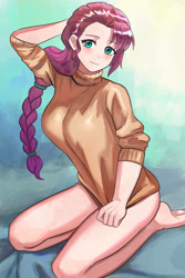 Size: 730x1095 | Tagged: safe, artist:tzc, imported from derpibooru, sunny starscout, human, barefoot, blushing, breasts, busty sunny starscout, clothes, cute, feet, female, g5, gradient background, humanized, kneeling, light skin, schrödinger's pantsu, solo, sunnybetes, sweater