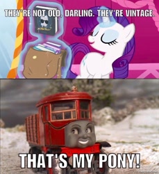 Size: 878x960 | Tagged: safe, imported from derpibooru, rarity, unicorn, what about discord?, backpack, book, elizabeth the vintage quarry truck, meme, mirror, that's my pony, that's my x, thomas and friends