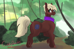 Size: 3300x2200 | Tagged: safe, artist:mostvaluedpony, derpibooru exclusive, imported from derpibooru, oc, earth pony, pony, blushing, butt, cute, earth pony oc, forest, plot, scenery, solo