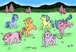 Size: 1000x678 | Tagged: safe, artist:noelle23, imported from derpibooru, applejack (g1), blossom, bubbles (g1), cotton candy (g1), firefly, seashell (g1), earth pony, pegasus, pony, bow, bucking, coloring book, digitally colored, female, field, flower, flying, freckles, g1, grazing, herbivore, horses doing horse things, mare, outdoors, raised hoof, rearing, sitting, smiling, spread wings, tail, tail bow, tree, wings