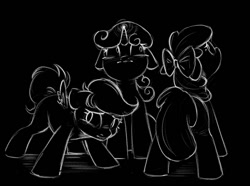 Size: 1334x995 | Tagged: safe, artist:melodylibris, imported from derpibooru, apple bloom, scootaloo, sweetie belle, earth pony, pegasus, pony, unicorn, apple bloom's bow, black and white, black background, blank flank, bow, cutie mark crusaders, darkness, female, filly, floppy ears, foal, glowing, glowing horn, grayscale, hair bow, horn, inverted colors, magic, monochrome, scared, simple background, spread wings, wings