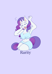 Size: 1423x2048 | Tagged: safe, artist:mscolorsplash, imported from derpibooru, rarity, anthro, unicorn, armpits, belly button, breasts, busty rarity, cleavage, clothes, eyes closed, female, mare, name, nightshirt, open mouth, pajamas, purple background, simple background, solo, yawn