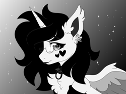 Size: 8000x6000 | Tagged: safe, artist:crazysketch101, imported from derpibooru, oc, oc only, oc:snowe, alicorn, pony, alicorn oc, black and white, clothes, collar, commission, ear piercing, earring, glasses, gradient background, grayscale, horn, jewelry, lip piercing, monochrome, piercing, socks, solo, wings