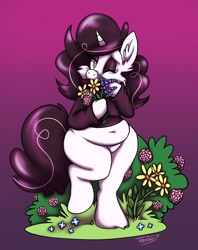 Size: 1618x2048 | Tagged: safe, artist:tatertails, imported from derpibooru, oc, oc only, oc:pom, pony, semi-anthro, unicorn, belly, belly button, bush, cheek fluff, chubby, clothes, ear fluff, eyeshadow, female, flower, gradient background, grass, horn, makeup, missing cutie mark, one eye closed, raised leg, slightly chubby, solo, sweater, unicorn oc, wink