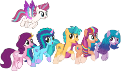 Size: 9709x5665 | Tagged: safe, alternate version, artist:ejlightning007arts, imported from derpibooru, hitch trailblazer, izzy moonbow, pipp petals, sunny starscout, zipp storm, earth pony, pegasus, pony, unicorn, spoiler:g5, alternate new mane six (g5), base used, bracelet, coat markings, colored wings, episode needed, fake cutie mark, female, flying, g4, g5, g5 to g4, generation leap, jewelry, male, mane five (g5), mane stripe sunny, mare, misty brightdawn, misty joins the mane 5, multicolored hair, my little pony: make your mark, open mouth, rainbow hair, royal sisters (g5), siblings, simple background, sisters, socks (coat markings), stallion, tiara, transparent background, vector, walking, wings