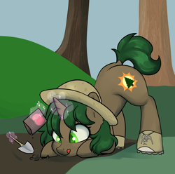 Size: 2200x2183 | Tagged: safe, artist:dumbwoofer, imported from derpibooru, oc, oc:pine shine, pony, unicorn, bent over, boots, dock, ear fluff, female, food, forest, forest background, garden, gardening, hat, horn, magic, mare, seeds, shoes, straw hat, tail, telekinesis, tomato, tongue out, trowel, unicorn oc