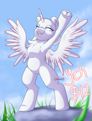 Size: 2105x2791 | Tagged: safe, artist:nanazdina, imported from derpibooru, oc, pony, :3, bipedal, chest fluff, commission, eyes closed, horn, raised hoof, solo, stretching, underhoof, wings, your character here