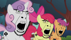 Size: 1280x720 | Tagged: safe, edit, edited screencap, imported from derpibooru, screencap, apple bloom, scootaloo, sweetie belle, bbc, cobson, cursed image, cutie mark crusaders, ear, glasses, horn, meme, open mouth, purple hair, queen of spades, soyjak, stubble, wojak