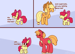 Size: 2048x1477 | Tagged: safe, artist:nawnii, imported from derpibooru, apple bloom, applejack, big macintosh, earth pony, pony, :v, apple siblings, apple sisters, bow, comic, dialogue, female, filly, flower, flower in hair, foal, hair bow, mare, missing accessory, misspelling, siblings, simple background, sisters, smiling, the cmc's cutie marks, trans female, transgender, trio