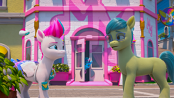 Size: 1366x768 | Tagged: safe, imported from derpibooru, screencap, zipp storm, earth pony, pegasus, pony, unicorn, spoiler:my little pony: make your mark, spoiler:my little pony: make your mark chapter 2, spoiler:myms01e07, building, door, drone, female, folded wings, g5, glasses, hoof done it?, looking at each other, looking at someone, mane melody (location), mare, misty brightdawn, my little pony: make your mark, my little pony: make your mark chapter 2, open door, outdoors, peeking, plant, seagreen, wings