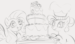 Size: 1308x769 | Tagged: safe, artist:dotkwa, imported from derpibooru, fluttershy, pinkie pie, earth pony, pegasus, pony, cake, chef's hat, drool, duo, female, food, gray background, grayscale, hat, mare, monochrome, open mouth, open smile, simple background, sketch, smiling, spread wings, wings