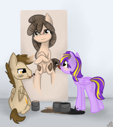 Size: 750x850 | Tagged: safe, artist:emberbell, imported from derpibooru, oc, oc only, oc:sinclair, pegasus, pony, blushing, butt, duo, female, male, mare, mouth hold, pegasus oc, plot, sitting, stallion