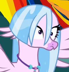 Size: 412x428 | Tagged: safe, imported from derpibooru, screencap, silverstream, classical hippogriff, hippogriff, season 9, uprooted, spoiler:s09, cropped, cross-eyed, derp, female, jewelry, spread wings, wet, wet mane, wings