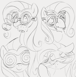 Size: 1095x1111 | Tagged: safe, artist:dotkwa, imported from derpibooru, fluttershy, pegasus, pony, bust, cute, eyeball glasses, female, glasses, gray background, grayscale, groucho mask, looking at you, mare, monochrome, novelty glasses, shyabetes, simple background, sketch, sketch dump, smiling, smiling at you, solo, swirly glasses
