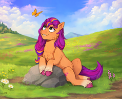 Size: 5000x4068 | Tagged: safe, artist:birdoffnorth, imported from derpibooru, sunny starscout, butterfly, earth pony, pony, absurd file size, absurd resolution, cheek fluff, chest fluff, commission, ear fluff, female, flower, g5, mare, rock, scenery, smiling, solo, unshorn fetlocks, ych example, your character here