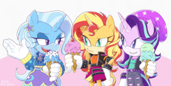 Size: 1259x635 | Tagged: safe, artist:kanayanga, imported from derpibooru, starlight glimmer, sunset shimmer, trixie, anthro, unicorn, bracelet, female, food, hairclip, ice cream, jewelry, looking at each other, looking at someone, mobian, sonic the hedgehog (series), sonicified, trio, trio female